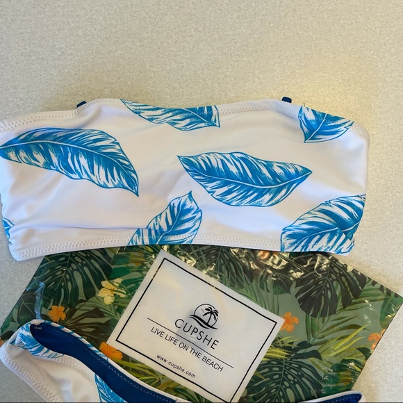 Cupshe Blue Feather Bandeau High Leg Bikini XS - Picture 3 of 13
